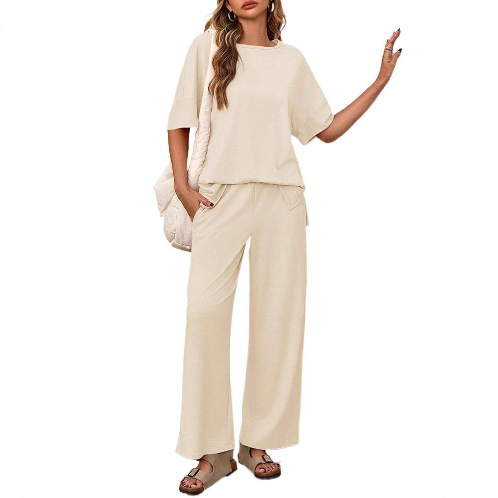 Short Sleeve Round Neck Top Wide Leg Pants Casual Women's Suit