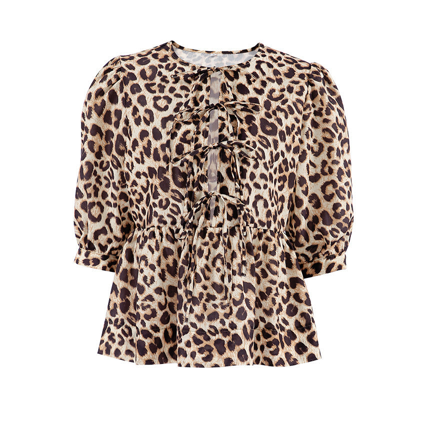 Women's Design Lace-up Bubble Sleeve Printed Blouse