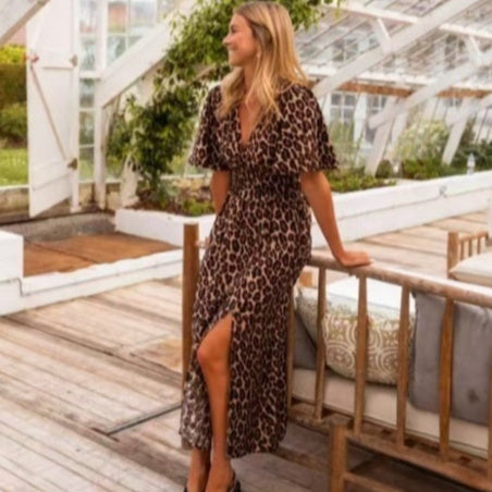 Leopard Print V-neck Cinched Plus Size Maxi Dress Women