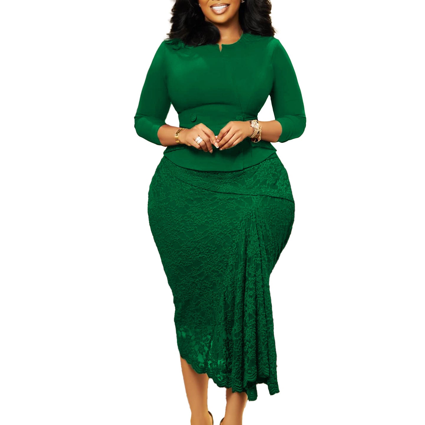 Long Sleeve Top Lace Package Hip Skirt Two-piece Set African Suit