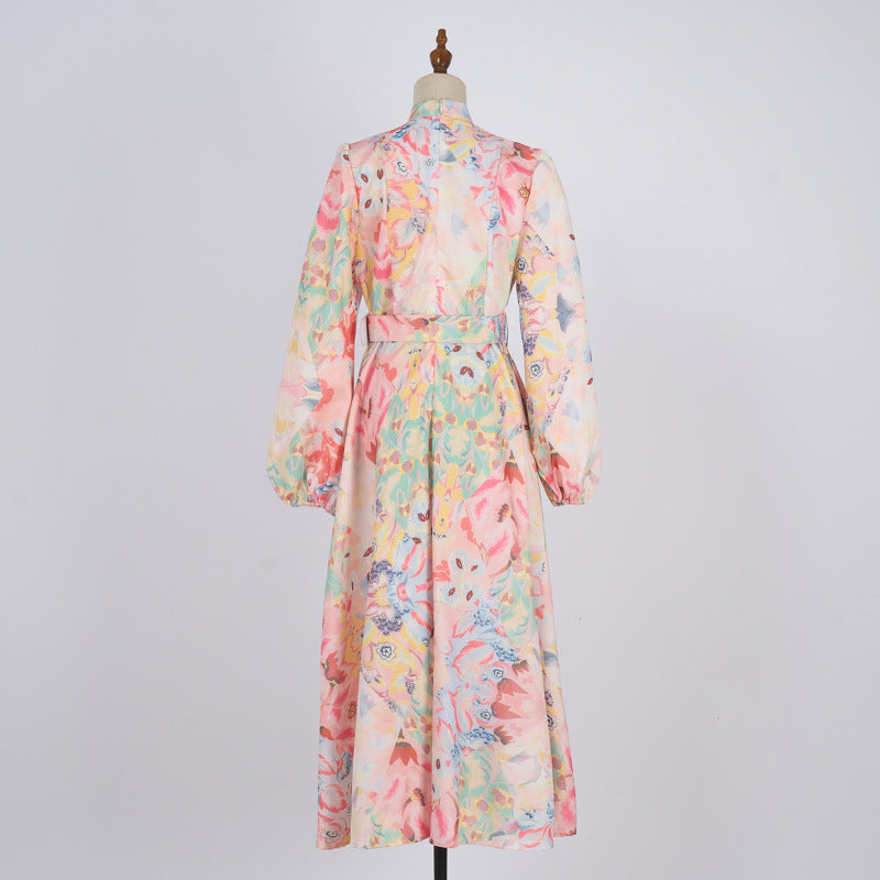 Single-breasted Stand-up Collar Puff Sleeve Waist With Belt Long Dress