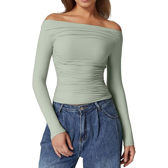 European And American Women's Clothing Top Off-shoulder Long Sleeve T-shirt