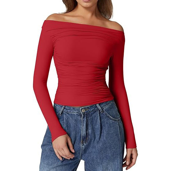 European And American Women's Clothing Top Off-shoulder Long Sleeve T-shirt
