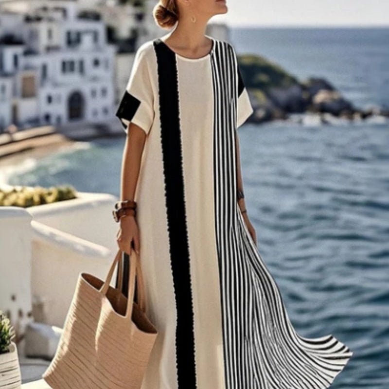 3D Digital Printed V-neck Five-point Sleeve Length Patch Pocket Dress