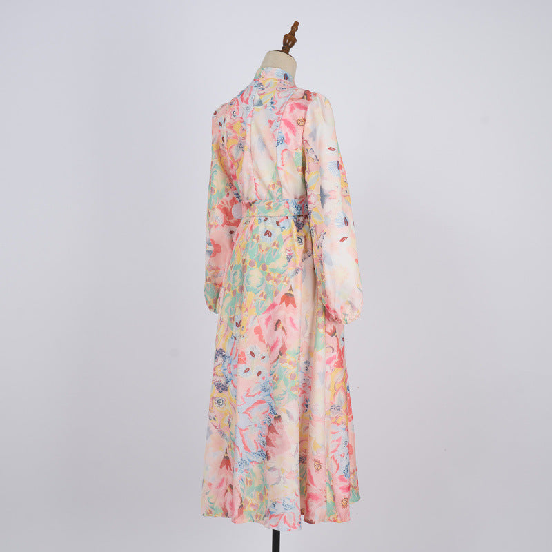 Single-breasted Stand-up Collar Puff Sleeve Waist With Belt Long Dress