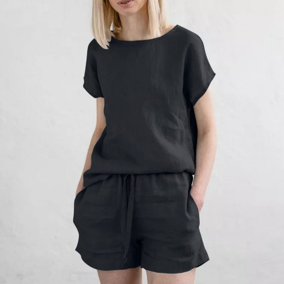 Short Sleeve Cotton Linen Retro Fashion Solid Color Top Shorts Suit
