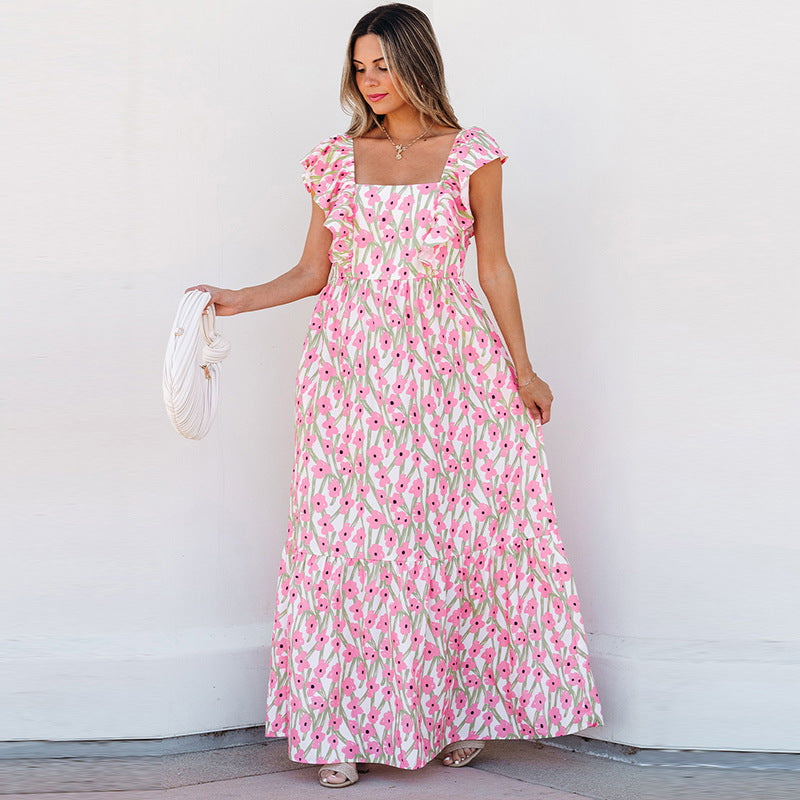 Women's Casual All-match Floral High Waist Square Collar Dress
