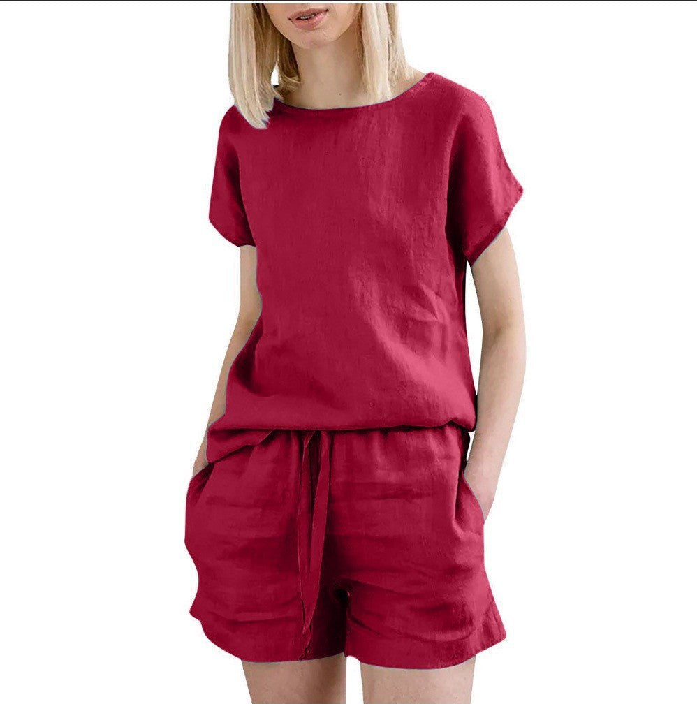 Short Sleeve Cotton Linen Retro Fashion Solid Color Top Shorts Suit