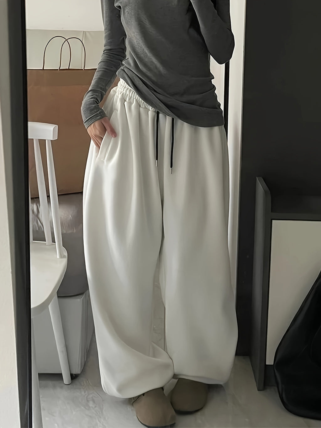 Y2g Casual Gray Black Rope Tied High Waist Elastic Band Waist Sports Pants Women's Clothing