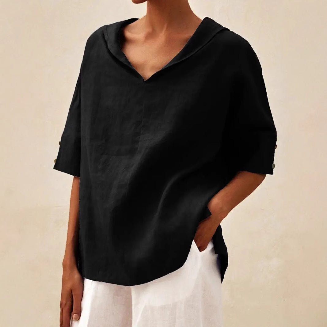 Cotton And Linen Relaxed-fit Hoodie Top T-shirt