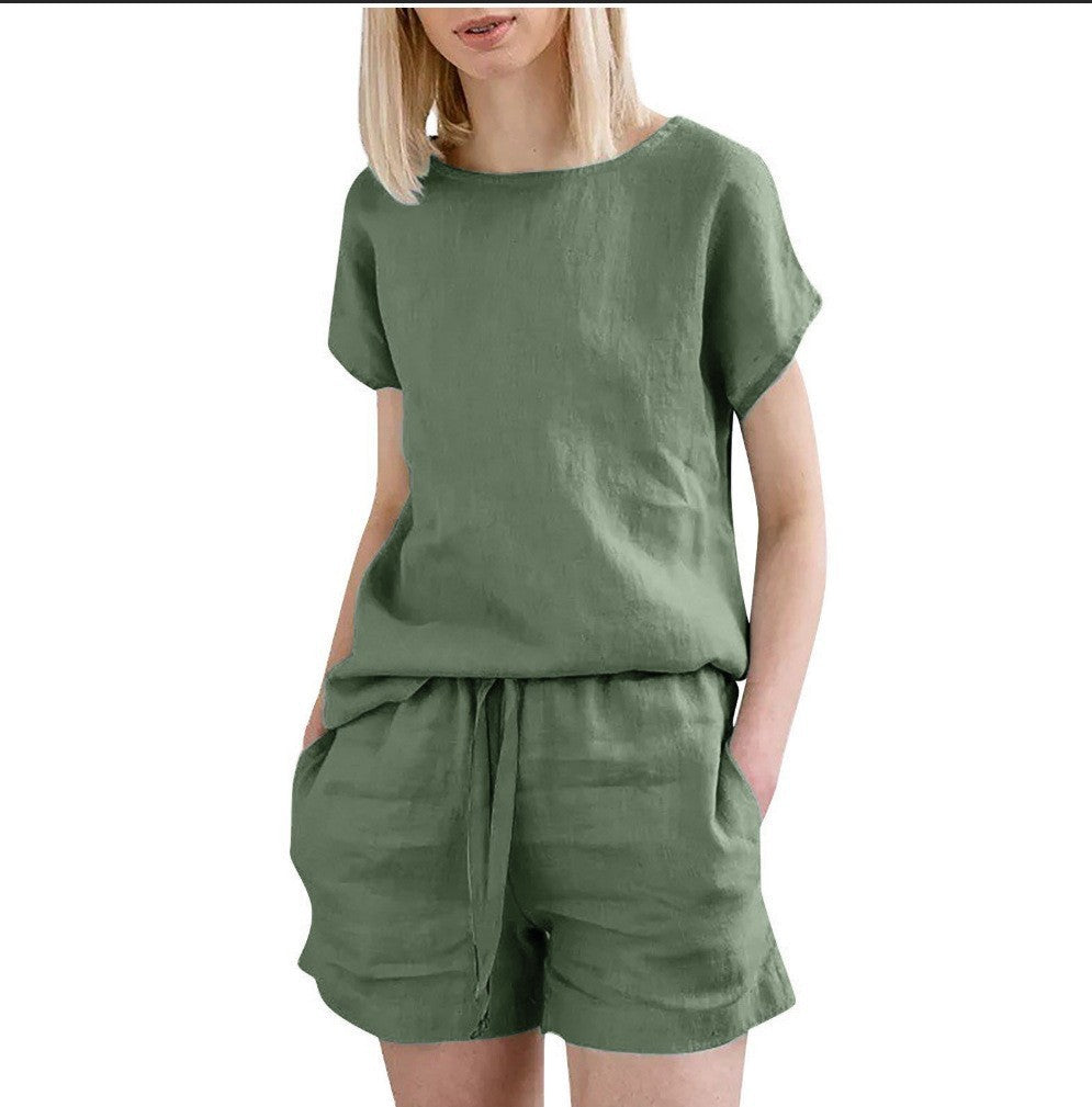 Short Sleeve Cotton Linen Retro Fashion Solid Color Top Shorts Suit