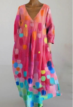 Women's Loose Round Neck Fashion Printed V-neck Dress