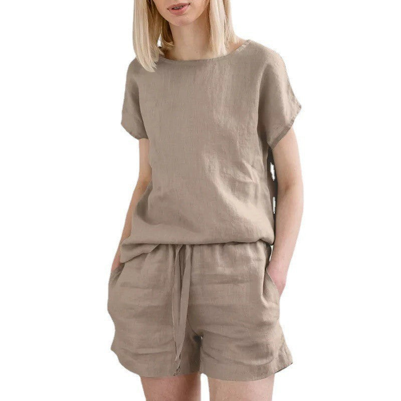 Short Sleeve Cotton Linen Retro Fashion Solid Color Top Shorts Suit