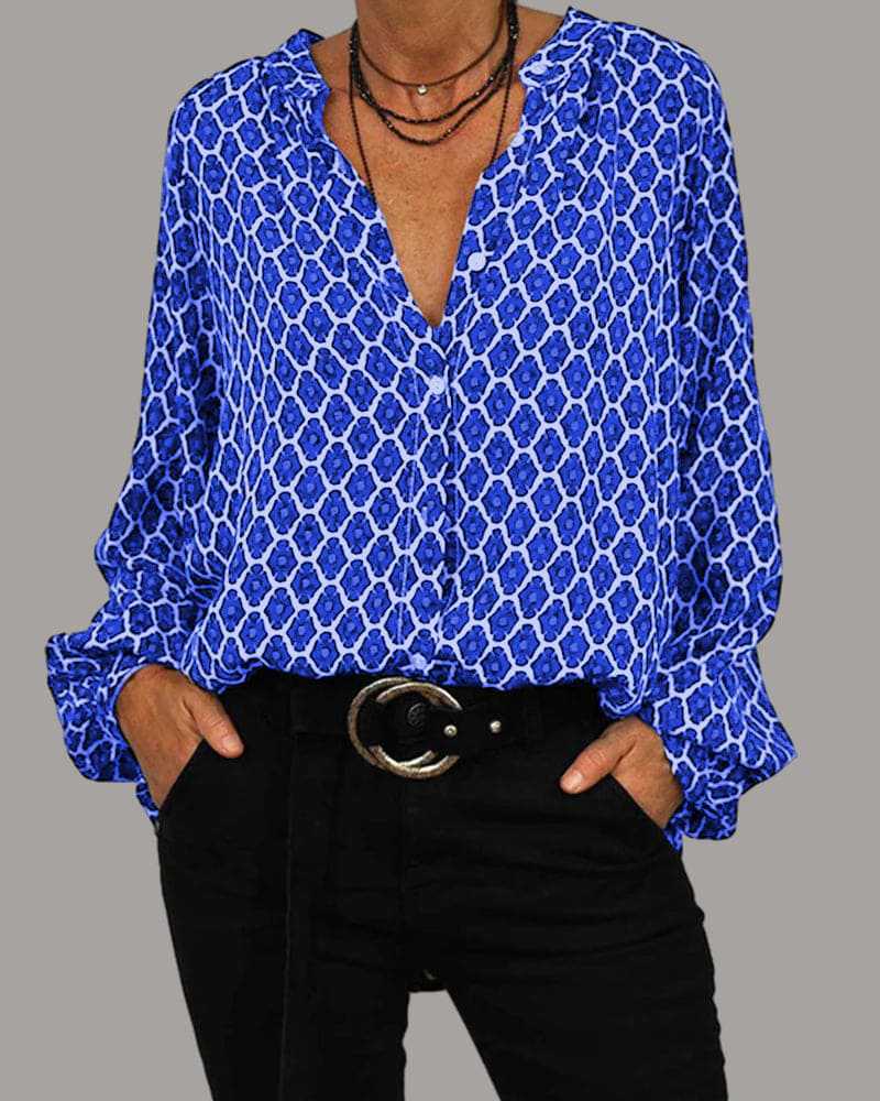 Women's Elegant V-Neck Long Sleeve Blouse With Floral Print - Spring Fashion Tunic Top For Casual & Office Wear