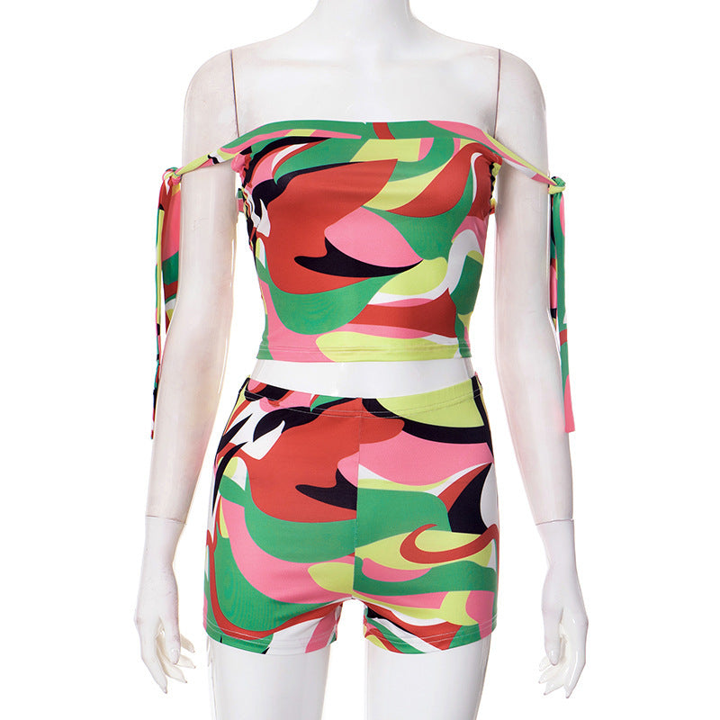 Color Floral-print Off-shoulder Tied Top Tight Shorts Two-piece Suit