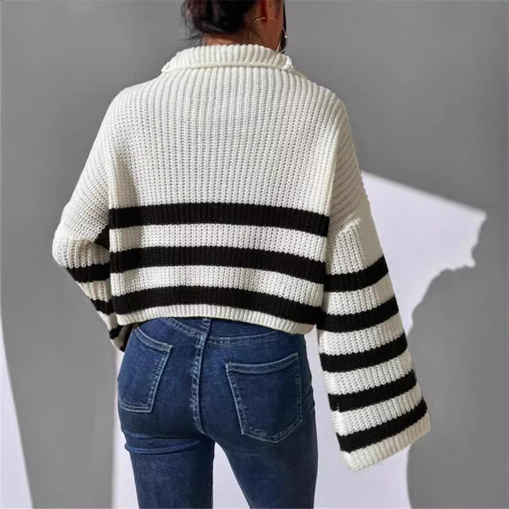 New Striped Contrast Color Stand-up Collar Knitted Pullover Sweater Outerwear Women