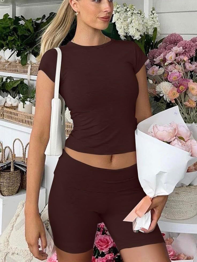 Casual Women's Workout Two-piece Short Sleeve High Waist Fold Bell-bottom Pants Shorts