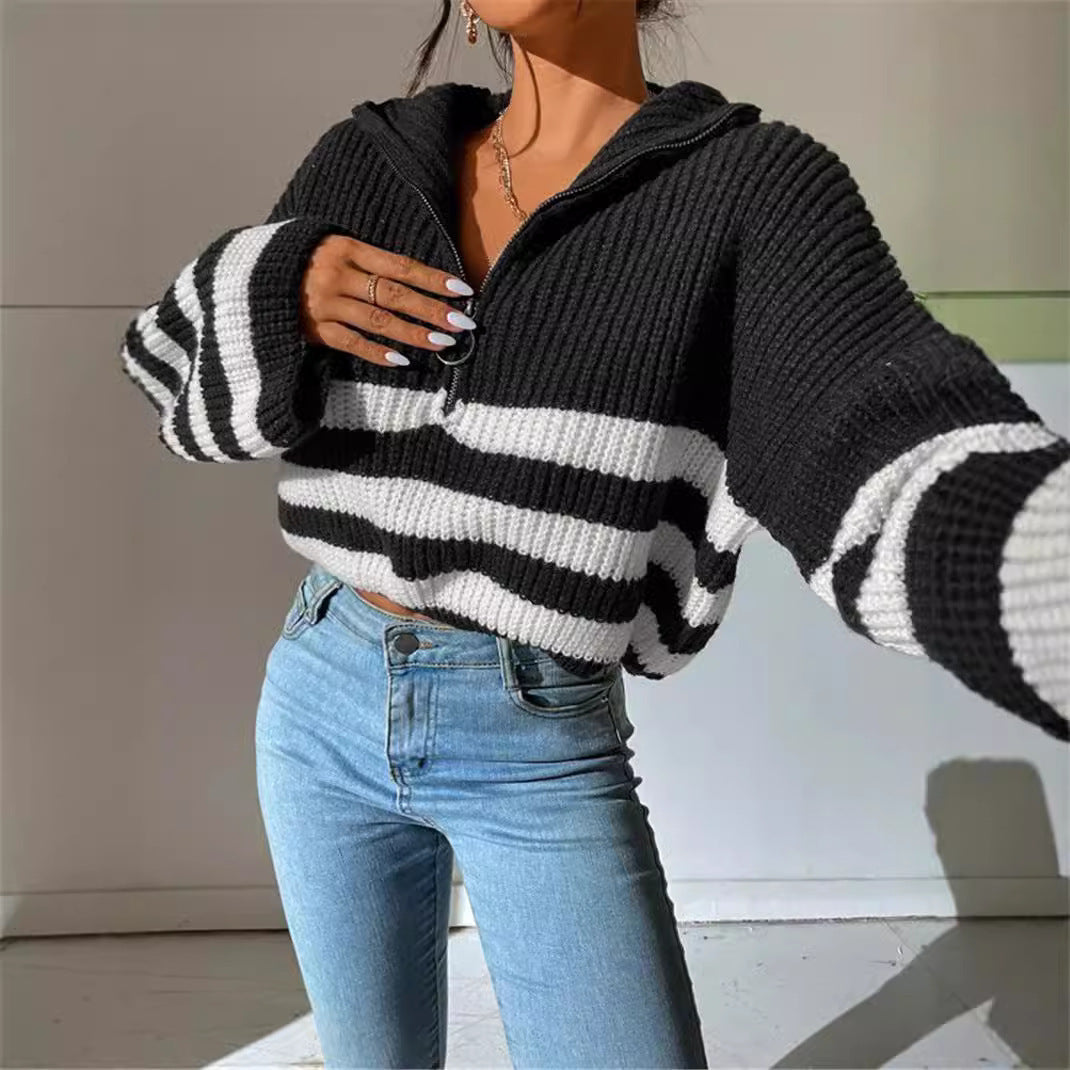 New Striped Contrast Color Stand-up Collar Knitted Pullover Sweater Outerwear Women