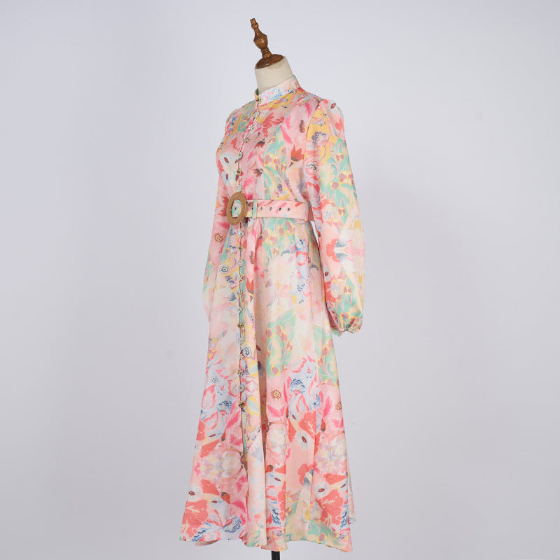 Single-breasted Stand-up Collar Puff Sleeve Waist With Belt Long Dress