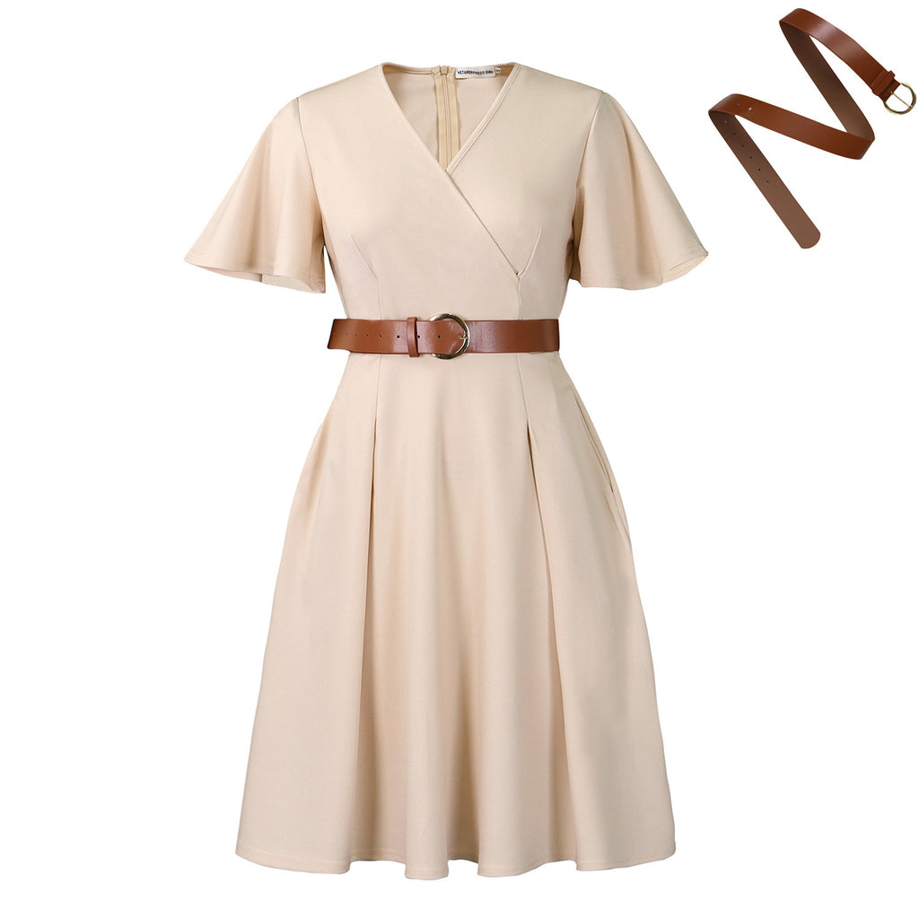 New V-neck Bell Sleeve Casual A- Line Women's Dress