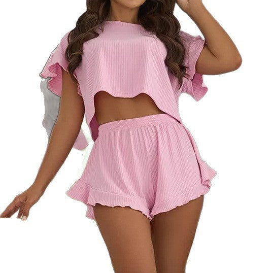 Ruffled Loose Crop Top Shorts Two-piece Set Ladies' Homewear