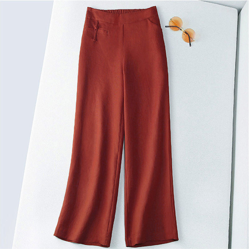 New Half Elastic High Belt Buckle Slimming Casual Cotton Linen Wide Leg Pants