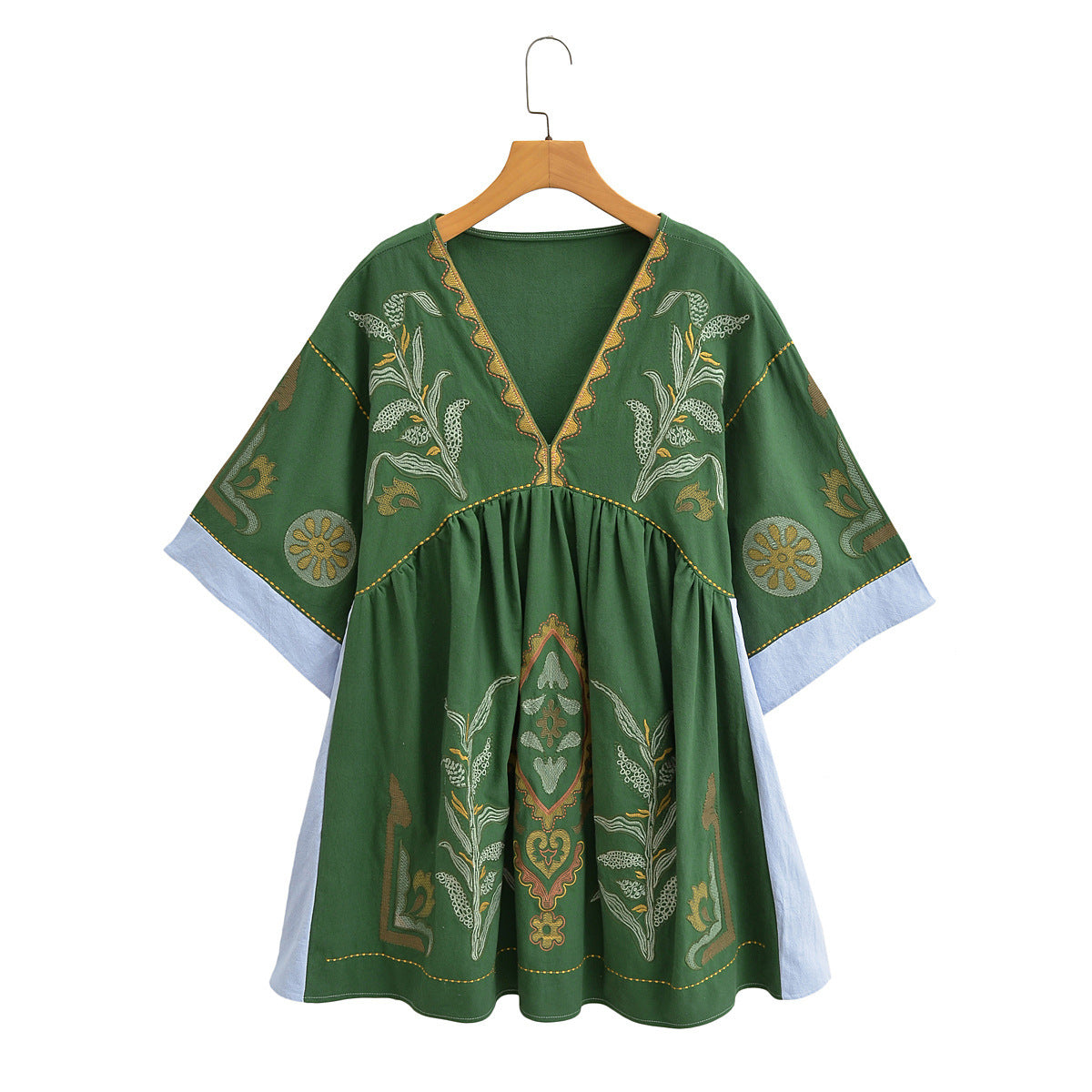 Bohemian Floral Embroidered Loose V-Neck Three-quarters Sleeve Blouse For Women - Spring Summer Autumn Casual Flowy Top