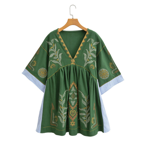 Bohemian Floral Embroidered Loose V-Neck Three-quarters Sleeve Blouse For Women - Spring Summer Autumn Casual Flowy Top