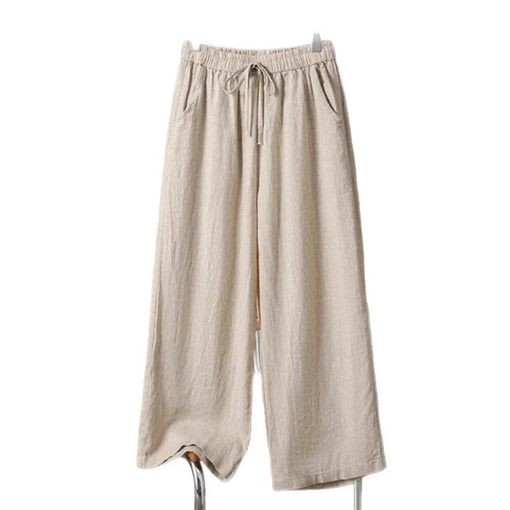 Elastic Casual Solid Color Cotton Linen Wide Leg Pants