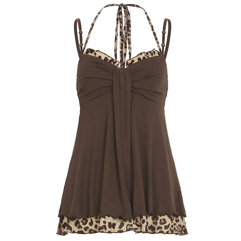 Sense Leopard Splicing Sling Niche Beaded Halter Tied Top