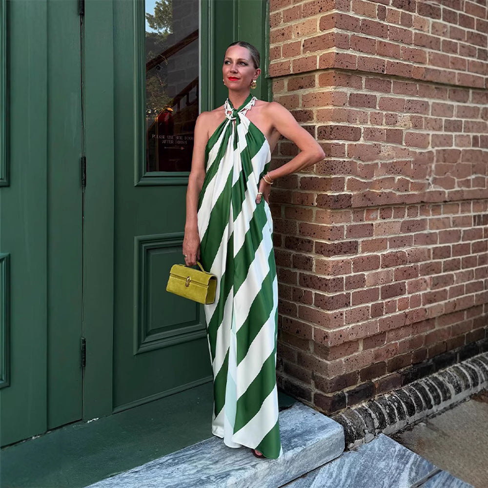Fashion Design Temperament Contrast Color Striped Halter Dress Women