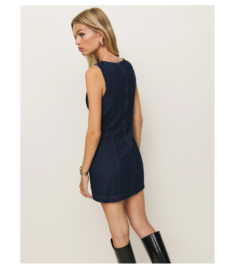 French Fashion Round Neck Slim Fit Denim Sleeveless Dress