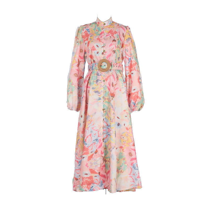 Single-breasted Stand-up Collar Puff Sleeve Waist With Belt Long Dress