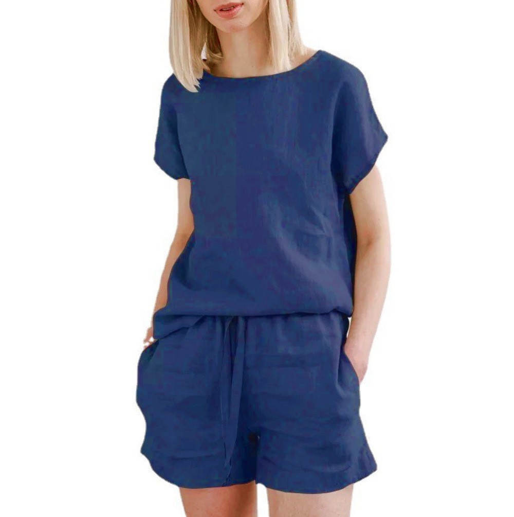 Short Sleeve Cotton Linen Retro Fashion Solid Color Top Shorts Suit