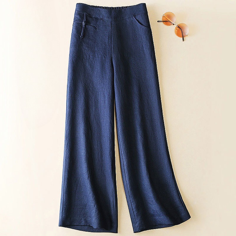 New Half Elastic High Belt Buckle Slimming Casual Cotton Linen Wide Leg Pants
