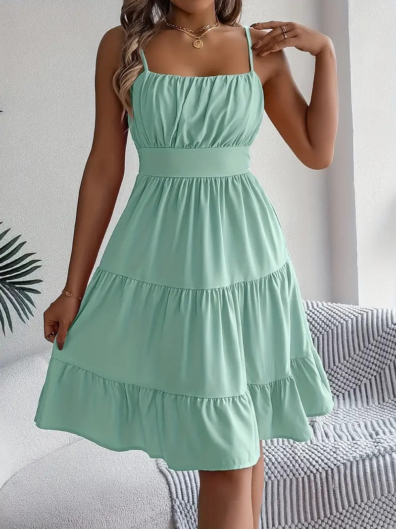 Sleeveless Sling Square Collar Smocking Layered Pleated Dress