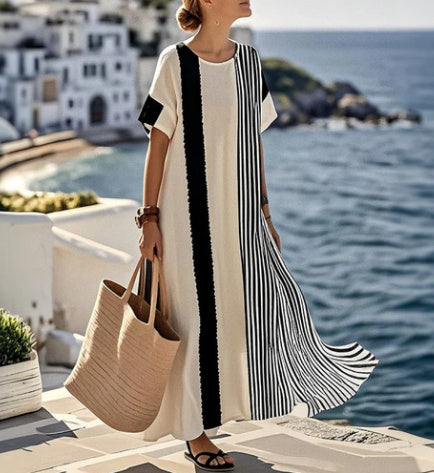 3D Digital Printed V-neck Five-point Sleeve Length Patch Pocket Dress