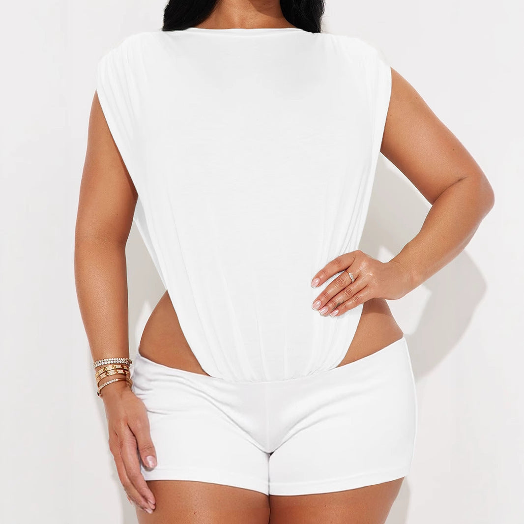 Women's Sleeveless Two-piece Hollow Siamese Top And Tight Shorts
