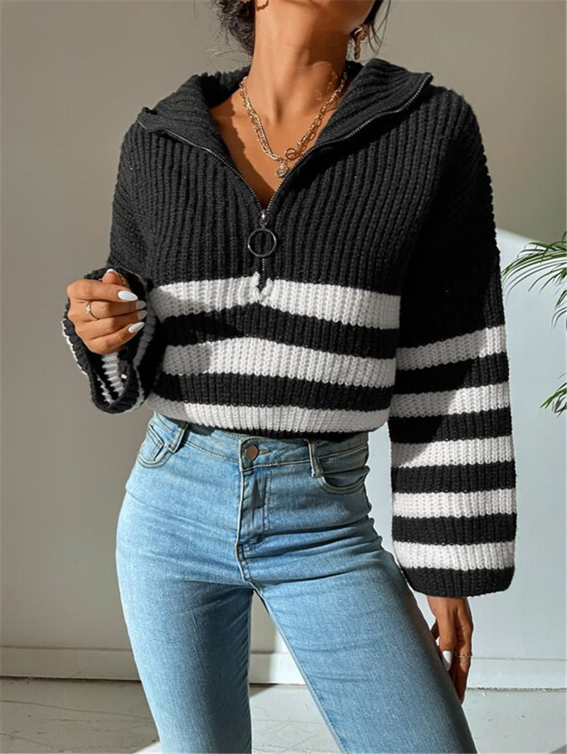 New Striped Contrast Color Stand-up Collar Knitted Pullover Sweater Outerwear Women
