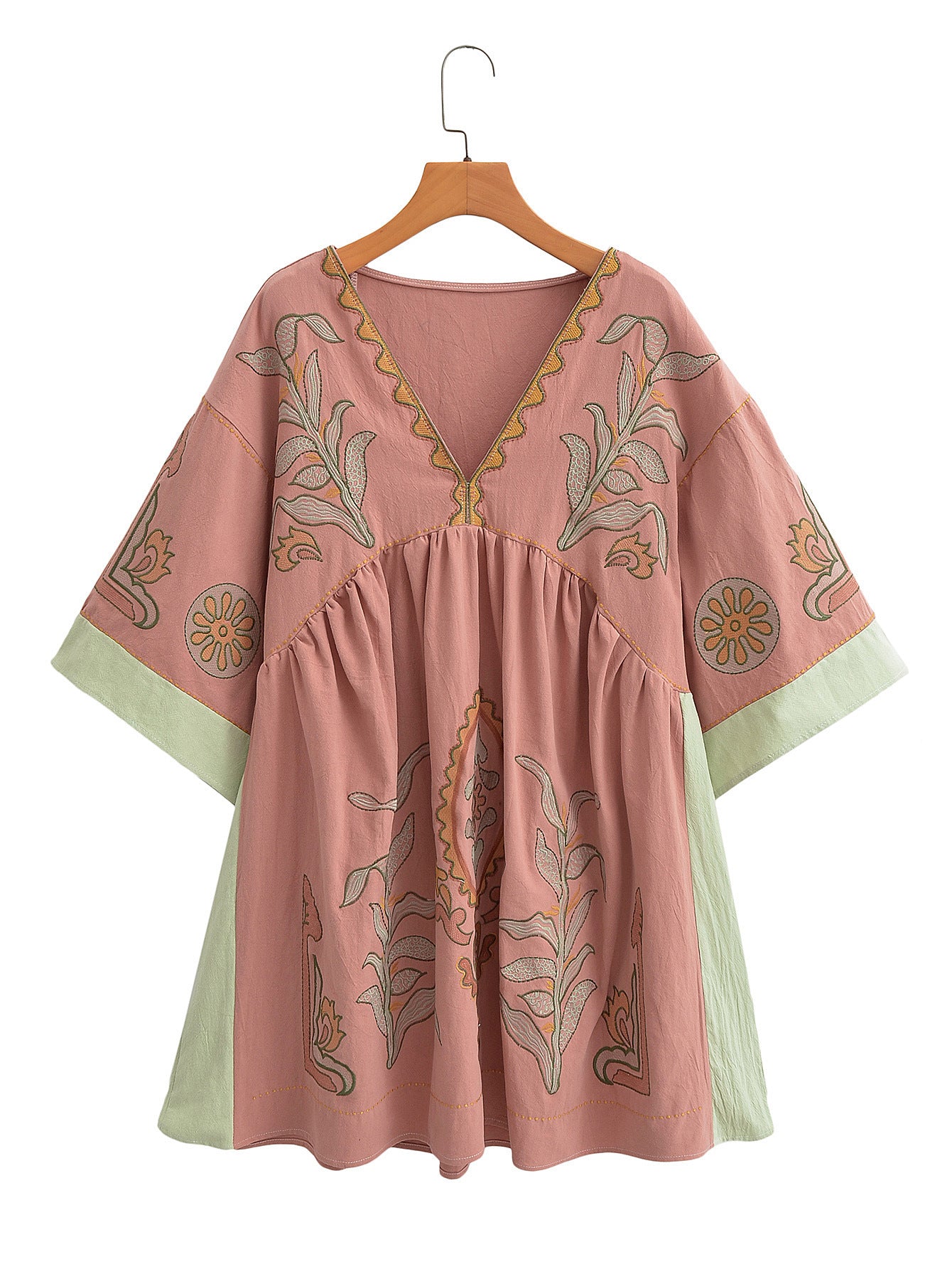 Bohemian Floral Embroidered Loose V-Neck Three-quarters Sleeve Blouse For Women - Spring Summer Autumn Casual Flowy Top