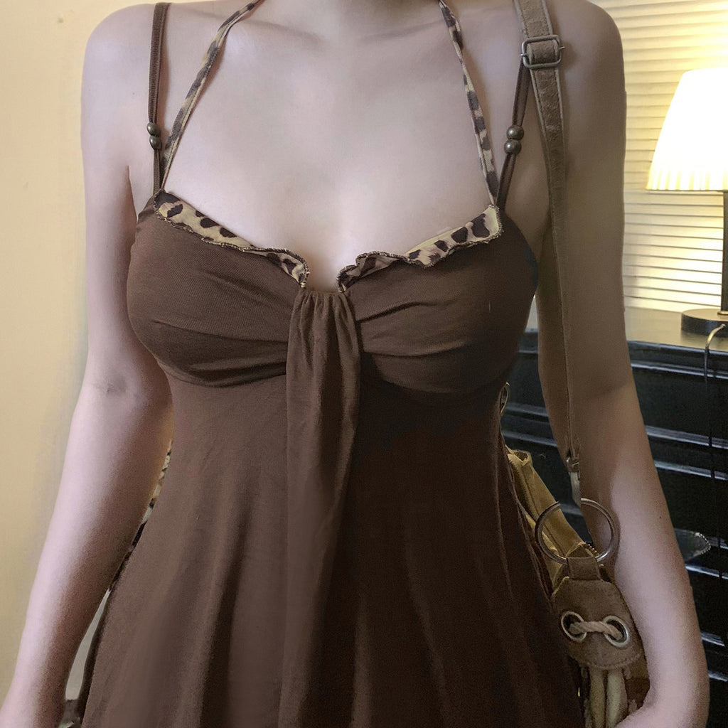 Sense Leopard Splicing Sling Niche Beaded Halter Tied Top
