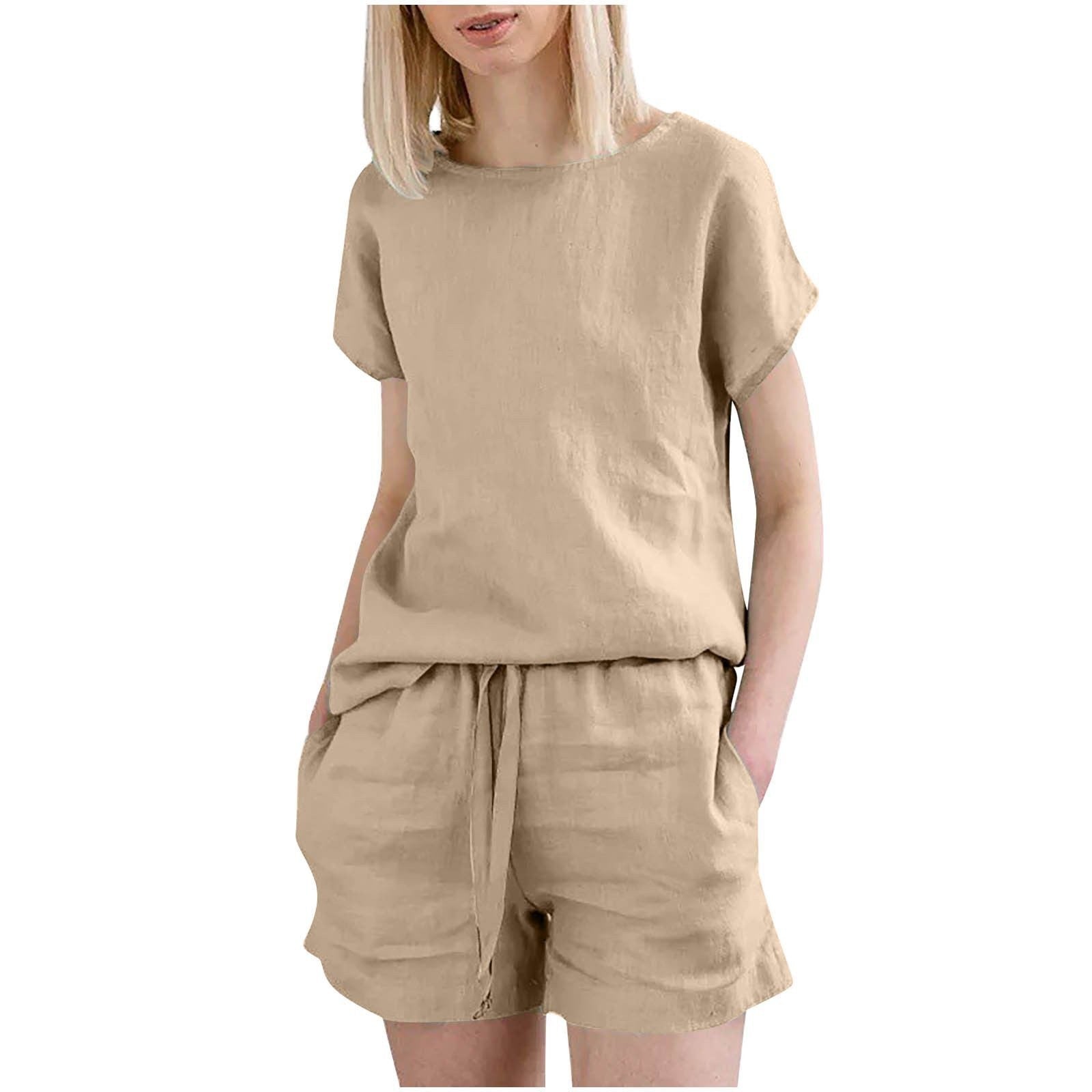 Short Sleeve Cotton Linen Retro Fashion Solid Color Top Shorts Suit