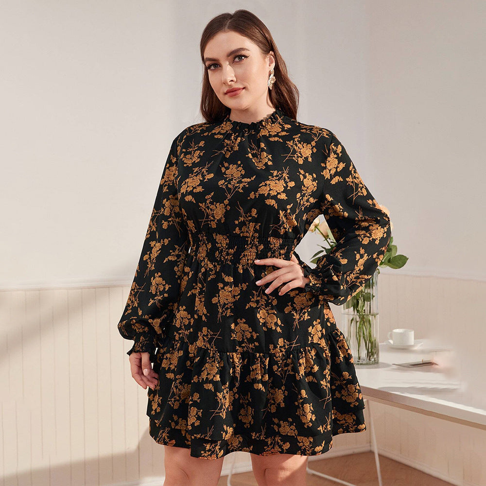 Turtleneck Puff Sleeve Ruffled Floral Dress