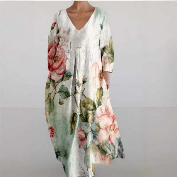 Women's Loose Round Neck Fashion Printed V-neck Dress