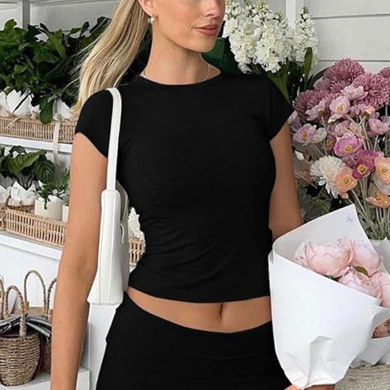 Casual Women's Workout Two-piece Short Sleeve High Waist Fold Bell-bottom Pants Shorts