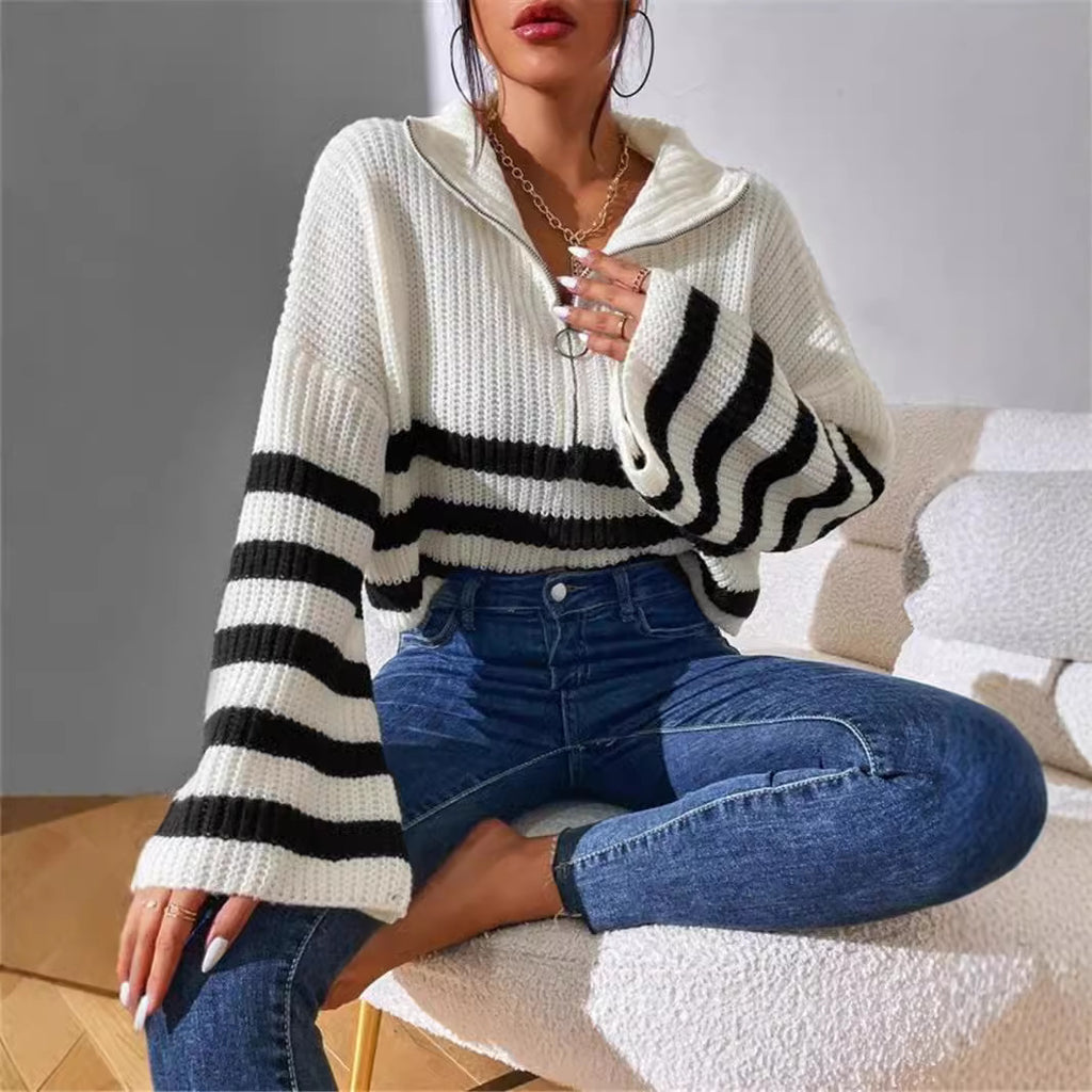 New Striped Contrast Color Stand-up Collar Knitted Pullover Sweater Outerwear Women