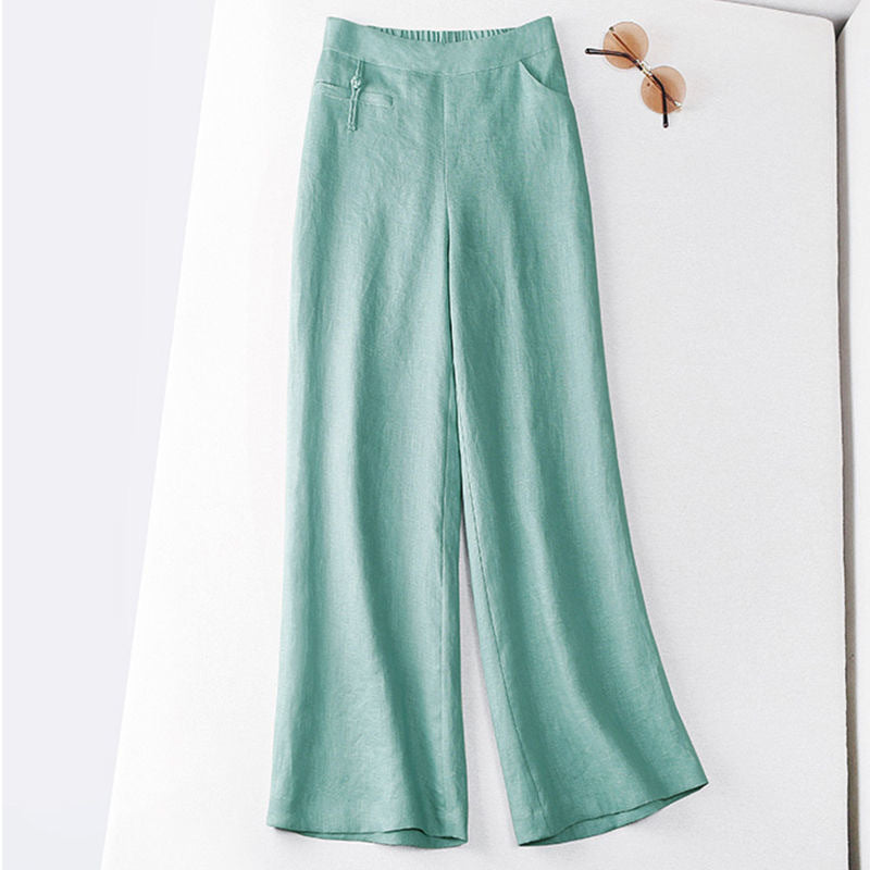 New Half Elastic High Belt Buckle Slimming Casual Cotton Linen Wide Leg Pants