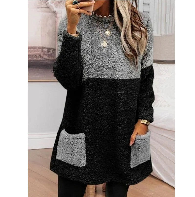 Round Neck Patchwork Pocket Long Sleeve Double-sided Velvet Sweatshirt