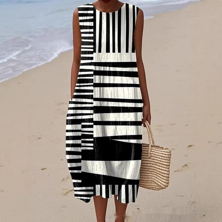 Digital Printing Pattern Sleeveless Round-neck Long-sleeved Dress