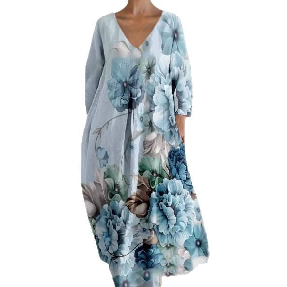 Women's Loose Round Neck Fashion Printed V-neck Dress